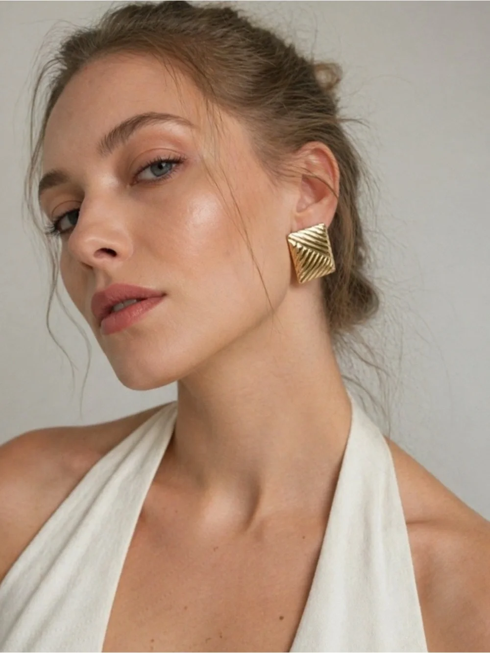 Gold Textured Square Stud Earrings - Women Jewelry